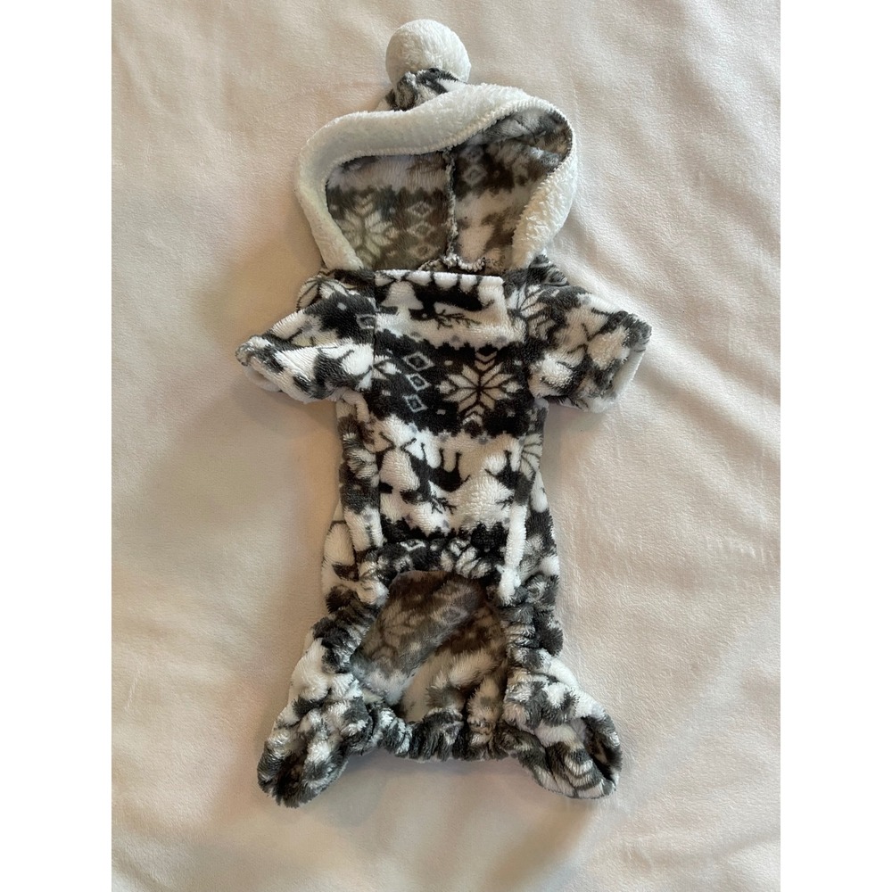Grey White‎ Fair Isle Reindeer Fleece Pet Pajamas Hooded Dog Cat One Piece Small